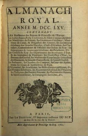 Almanach royal. 1765