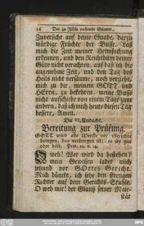 Die VI. Andacht. Bereitung zur Prüfung.