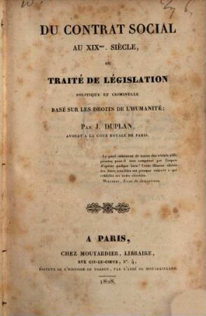 Du contrat social au XIX. siècle : ou traité de législation politique et criminelle basé sur les droits de l'humanité