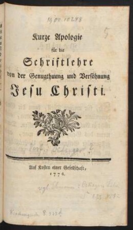 Kurze Apologie für die Schriftlehre von der Genugthuung und Versöhnung Jesu Christi