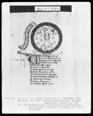 Heinrich von Laufenberg, Regimen sanitatis, deutsch — Planetenbild der Venus mit Spiegel und Blumen, Folio 46verso
