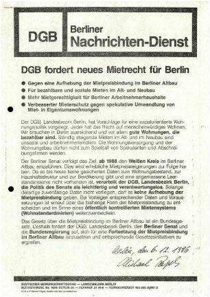 Flugschrift: DGB fordert neues Mietrecht für Berlin, 1986