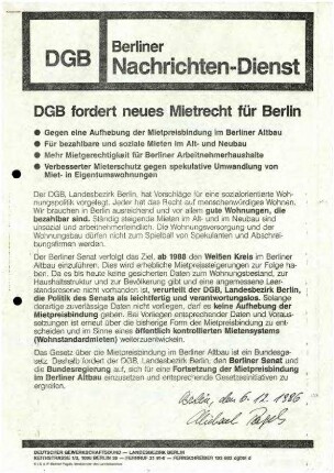 Flugschrift: DGB fordert neues Mietrecht               für Berlin, 1986