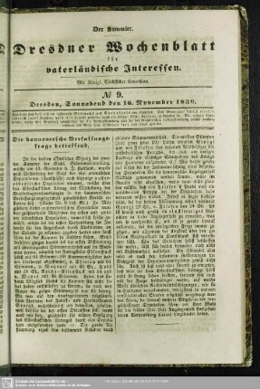 No. 9. Dresden, Sonnabend den 16. November 1839