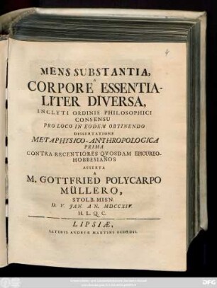 Dissertation 1: Contra Recentiores Qvosdam Epicureo-Hobbesianos Asserta