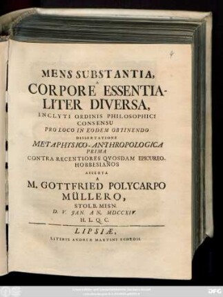 Dissertation 1: Contra Recentiores Qvosdam Epicureo-Hobbesianos Asserta