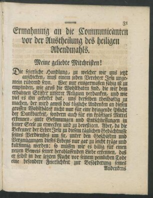 Ermahnung an die Communicanten vor der Austheilung des heiligen Abendmahls