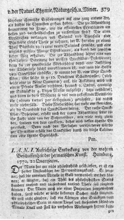 Aufrichtige Entdeckung von der wahren Beschaffenheit der hermetischen Kunst.