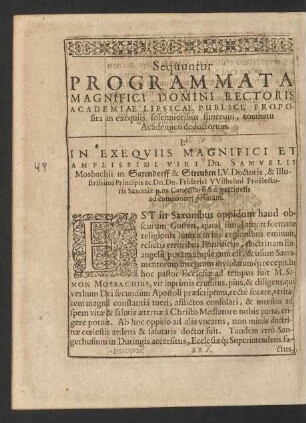 Sequuntur Programmata Magnifici Domini Rectoris Academiae Lipsicae, Publice Proposita in exequiis solennioribus funerum, comitatu Academico deductorum