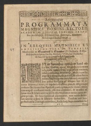Sequuntur Programmata Magnifici Domini Rectoris Academiae Lipsicae, Publice Proposita in exequiis solennioribus funerum, comitatu Academico deductorum