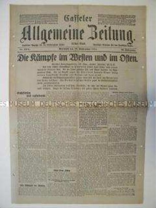 Regionale Tageszeitung "Casseler Allgemeine Zeitung" mit Meldungen und Berichten von verschiedenen Kriegsschauplätzen im Westen und im Osten