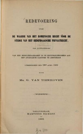 Redevoering over de waarde van het Romeinsche recht voor de studie van het hedendaagsche privaatrecht