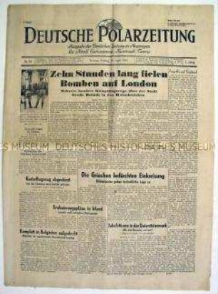 Tageszeitung "Deutsche Polarzeitung" für die besetzten Gebiete Nordeuropas u.a. zur Bombardierung von London