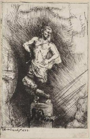 Vier Darstellungen zu einem spanischen Buch: er hilft David, Goliath zu töten
