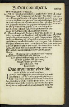 Das argument uber die ander Epistel tzu den Corinthern.