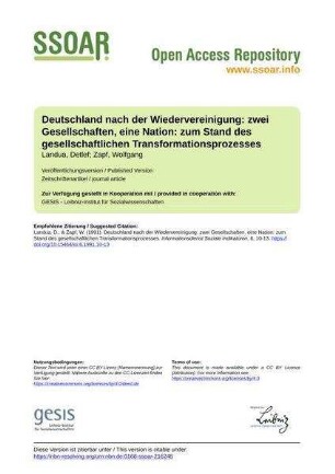 Deutschland nach der Wiedervereinigung: zwei Gesellschaften, eine Nation: zum Stand des gesellschaftlichen Transformationsprozesses