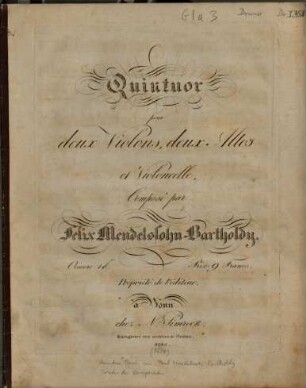 Quintuor pour deux violons, deux altos et violoncelle : oeuvre 18
