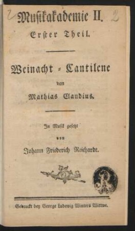 Musikakademie II. Erster Theil. Weinacht-Cantilene : von Mathias Claudius