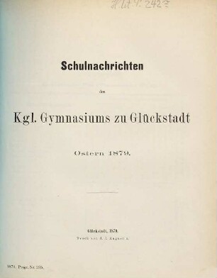 Schulnachrichten des Königlichen Gymnasiums zu Glückstadt : Ostern .... 1878/79
