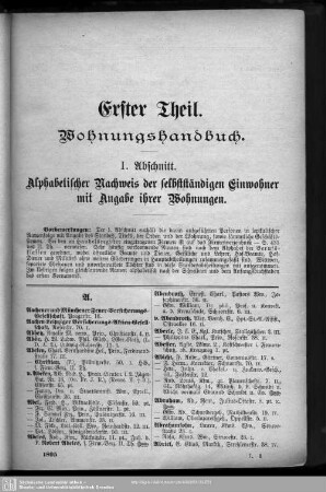 Einwohnerverzeichnis : I. Abschnitt. Alphabetischer Nachweis der selbständigen Einwohner mit Angabe ihrer Wohnungen.