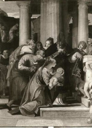 Veronese, Paolo: Die Darstellung Jesu im Tempel. Um 1555/1560. Auschnitt: Maria mit dem Kinde und Josef. Öl auf Leinwand; 186 x 417 cm. Dresden: Gemäldegalerie Alte Meister 223