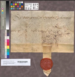 Aanstelling van de Staten-generaal voor Floris van Brederode tot Overste Kolonel, of Kommandeur, 22 December 1589. Perkament met 1 uithangend zegel.