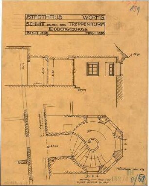 Fischer, Theodor; Worms; Cornelianum - Treppenturm 3. OG (Schnitt)