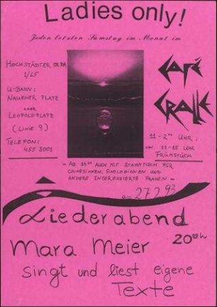 Ladies only! Jeden letzten Samstag im Monat und Liederabend: Mara Meier singt und liest