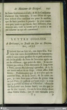 Lettre CCCCLXXX. A Brévance, ce Jeudi au soir 11. Novembre, 1688