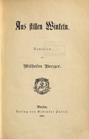 Aus stillen Winkeln : Novellen