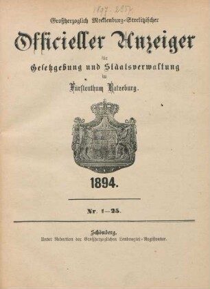 1894: Großherzoglich-Mecklenburg-Strelitzscher offizieller Anzeiger für Gesetzgebung und Staatsverwaltung im Fürstentum Ratzeburg