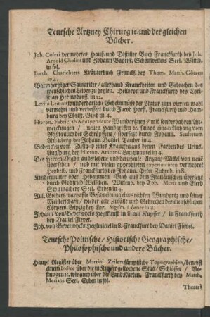 Teutsche Politische/ Historische Geographische/ Philosophische und andere Bücher.