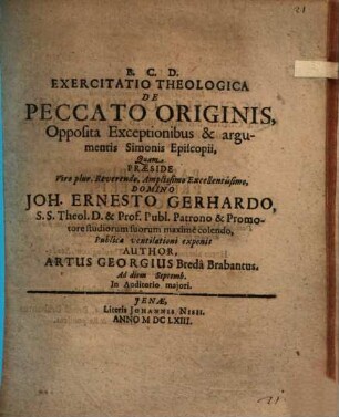 Exercitatio theol. de peccato originis, opposita exceptionibus & argumentis Simonis Episcopii