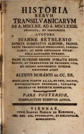Historia rerum Transilvanicarum : ab a. MDCLXII ad a. MDCLXXIII producta. 2 (1783)