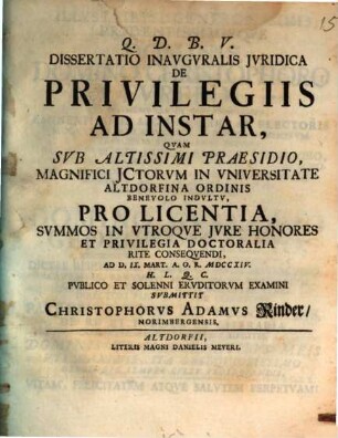 Dissertatio Inavgvralis Jvridica De Privilegiis Ad Instar