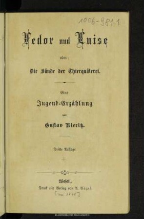 Fedor und Luise, oder: Die Sünde der Thierquälerei : eine Jugend-Erzählung