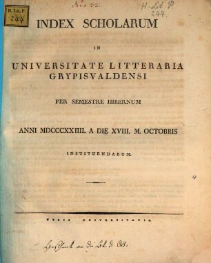 Index scholarum in Universitate Litteraria Gryphiswaldensi ... habendarum. WS 1824/25