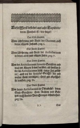 Dieses Werck bestehet aus acht Kapitteln/ deren Innhalt ist/ wie folget: