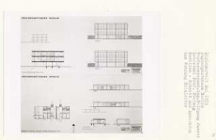 Jugendgästehaus, Berlin-Tiergarten (Diplomarbeit bei Peter Poelzig): Pavillon, Wohnungen für Heimleiter, Hausmeister, Grundriss, Ansichten Wasserseite, Parkseite, von Norden, Süden, Westen und Schnitt 1:100