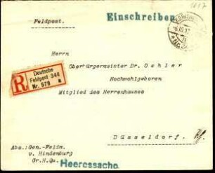 5-10-8-6.0000: Hindenburg, Paul von, Generalfeldmarschall; diverse Schreiben ff.: Dank für die Glückwünsche zum 70. Geburtstag