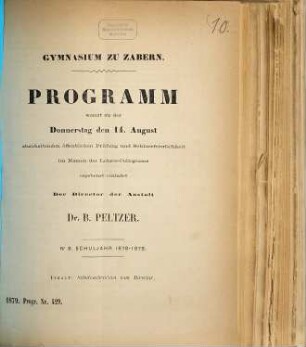 Programm : womit zu der am ... stattfindenden Schlussfeierlichkeit im Namen des Lehrerkollegiums ergebenst einladet .... 8. 1878/79