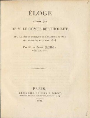 Eloge Historique De M. Le Comte Berthollet