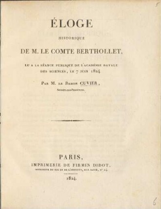 Eloge Historique De M. Le Comte Berthollet