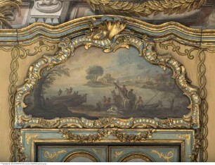 Tür mit Landschaftsdarstellungen und Figuren, Landschaft mit Ruine, Figuren, dahinter ruhige See mit einem Schiff