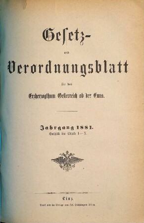 Gesetz- und Verordnungsblatt für das Erzherzogthum Oesterreich ob der Enns. 1881