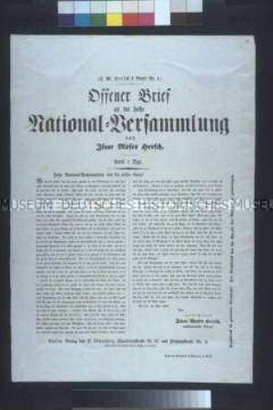 Satirisches Flugblatt (Serie): Offener Brief an die hohe Nationalversammlung (I. M. Hersch's Briefe Nr. 4); Berlin, Juni 1848