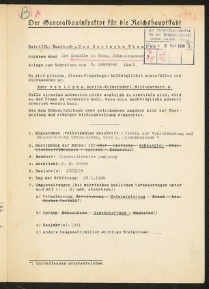 Komödie, Wien: Fragebogen für das Handbuch »Das Deutsche Theater«, vierseitiges Dokument