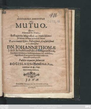 Discursus Iuridicus De Mutuo