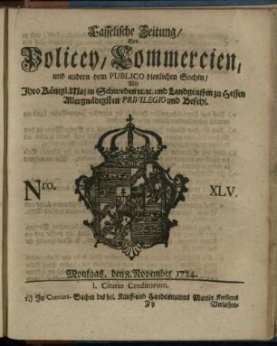 Nro. XLV, Montags, den 8. November 1734