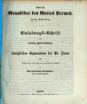 Einladungsschrift zur feierlichen Preisevertheilung am Königlichen Gymnasium bei St. Anna : zum Schlusse des Studienjahres .... 1859/60